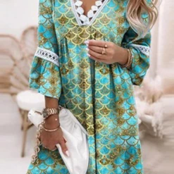 Levency Hollow Print V Neck Mini Dress