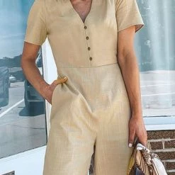 Levency New In Button V Neck Short Sleeve Jumpsuits
