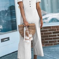 Levency New In Button V Neck Short Sleeve Jumpsuits