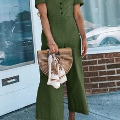 Levency New In Button V Neck Short Sleeve Jumpsuits