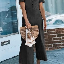 Levency New In Button V Neck Short Sleeve Jumpsuits