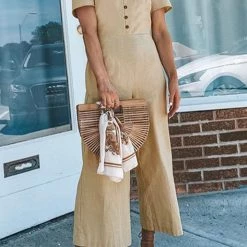 Levency New In Button V Neck Short Sleeve Jumpsuits