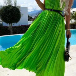 Levency Pleated Halter Neck Backless Maxi Dress