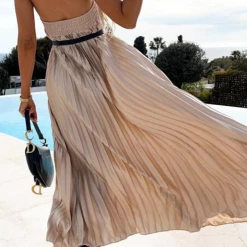 Levency Pleated Halter Neck Backless Maxi Dress