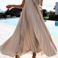 Levency Pleated Halter Neck Backless Maxi Dress