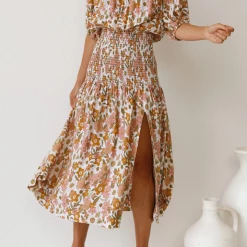 Levency Floral Shirred Waist Slit Midi Dress