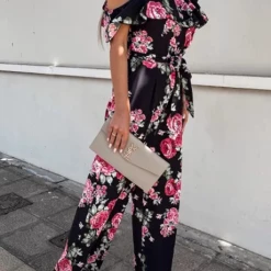 Levency Floral Ruffles One Shoulder Belted Jumpsuits