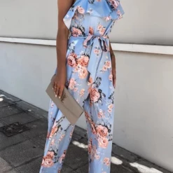Levency Floral Ruffles One Shoulder Belted Jumpsuits
