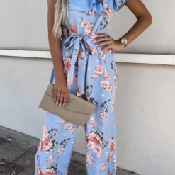 Levency Floral Ruffles One Shoulder Belted Jumpsuits
