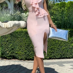 Levency New In Flounce One Shoulder Slit Bodycon Dresses