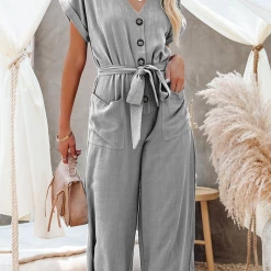Levency Solid Belted Button Pockets Jumpsuit New In 13 Levency Solid Belted Button Pockets Jumpsuit New In