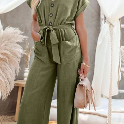 Levency Solid Belted Button Pockets Jumpsuit New In 18 Levency Solid Belted Button Pockets Jumpsuit New In