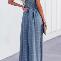 Levency New In Smocked Swiss Dot Slip Maxi Dress