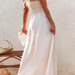 Levency New In Smocked Swiss Dot Slip Maxi Dress