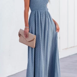 Levency New In Smocked Swiss Dot Slip Maxi Dress