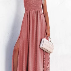 Levency New In Smocked Swiss Dot Slip Maxi Dress