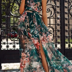 Levency New In Mint Floral V Neck Slit Maxi Dress