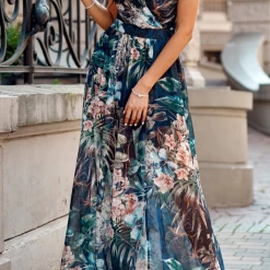 Levency New In Mint Floral V Neck Slit Maxi Dress