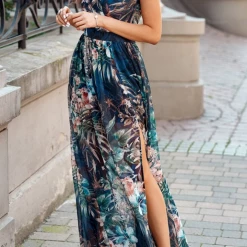 Levency New In Mint Floral V Neck Slit Maxi Dress