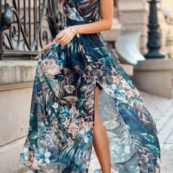 Levency New In Mint Floral V Neck Slit Maxi Dress