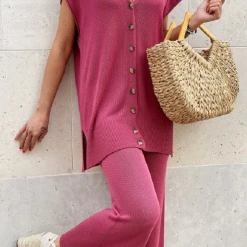 Levency Knit Button Short Sleeve Cardigan Pants Set