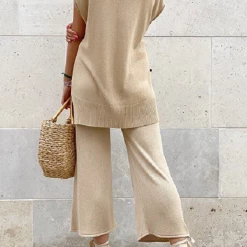 Levency Knit Button Short Sleeve Cardigan Pants Set