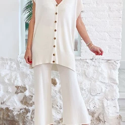 Levency Knit Button Short Sleeve Cardigan Pants Set