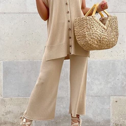 Levency Knit Button Short Sleeve Cardigan Pants Set