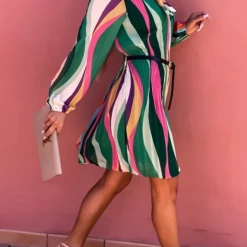 Levency Flowly Rainbow Stripe Tie Neck Mini Dress New In