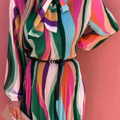 Levency Flowly Rainbow Stripe Tie Neck Mini Dress New In