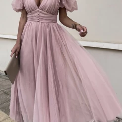 Levency Dot V Neck Button Empire Waist Mesh Maxi Dress