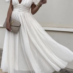 Levency Dot V Neck Button Empire Waist Mesh Maxi Dress