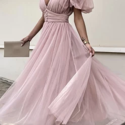 Levency Dot V Neck Button Empire Waist Mesh Maxi Dress