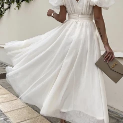 Levency Dot V Neck Button Empire Waist Mesh Maxi Dress