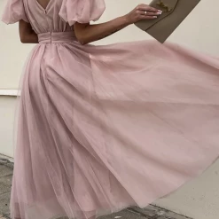 Levency Dot V Neck Button Empire Waist Mesh Maxi Dress