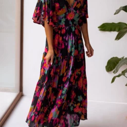 Levency New In V Neck Floral Bat Maxi Dress