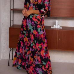 Levency New In V Neck Floral Bat Maxi Dress