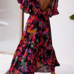 Levency New In V Neck Floral Bat Maxi Dress