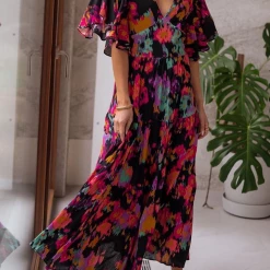 Levency New In V Neck Floral Bat Maxi Dress