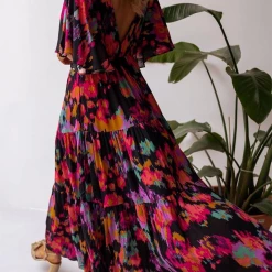 Levency New In V Neck Floral Bat Maxi Dress
