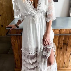 Levency Lace V Neck Open Back Maxi Dress New In