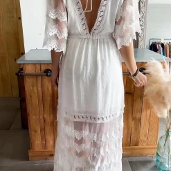 Levency Lace V Neck Open Back Maxi Dress New In