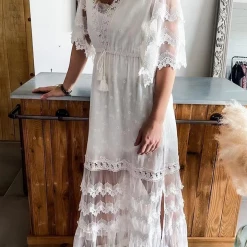 Levency Lace V Neck Open Back Maxi Dress New In