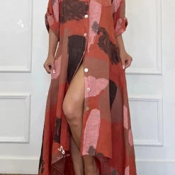 Levency New In Print Turndown Collar Shirt Maxi Dress