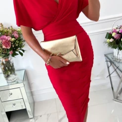 Levency Bat Sleeve V Neck Ruched Midi Dress