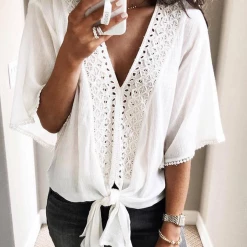 Levency New In V Neck Knot Embroidery Bell Sleeve Blouse