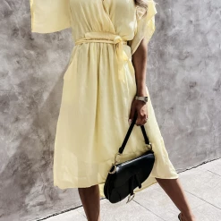 Levency V Neck Bat Sleeve Midi Dress