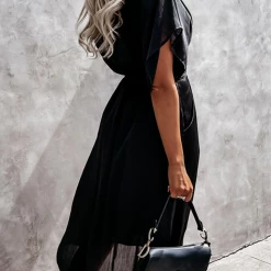Levency V Neck Bat Sleeve Midi Dress