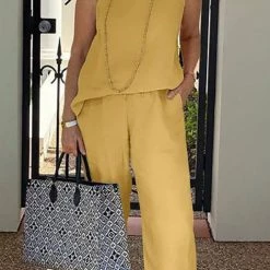 Levency Solid O Neck Tank Pants Set New In