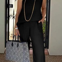 Levency Solid O Neck Tank Pants Set New In